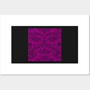 Plum Purple on Raspberry Pink Royal Medieval Damask Scrolls Posters and Art